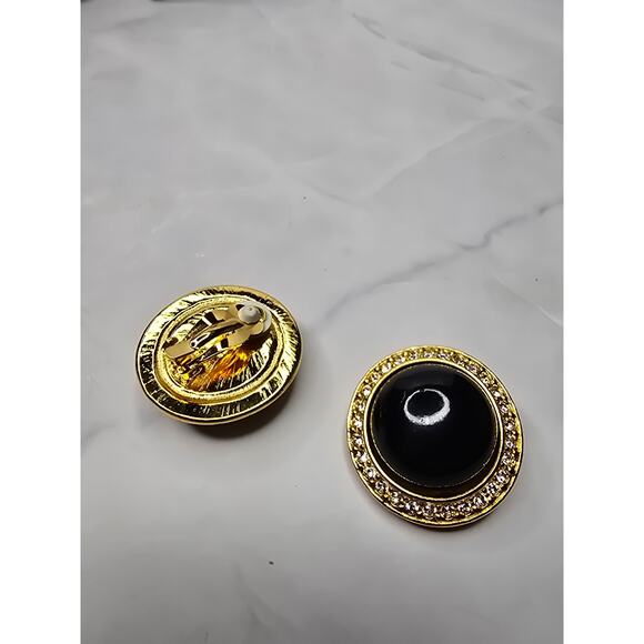 Embellished Gold Tone and Black Round Clip Earrings - Picture 3 of 6